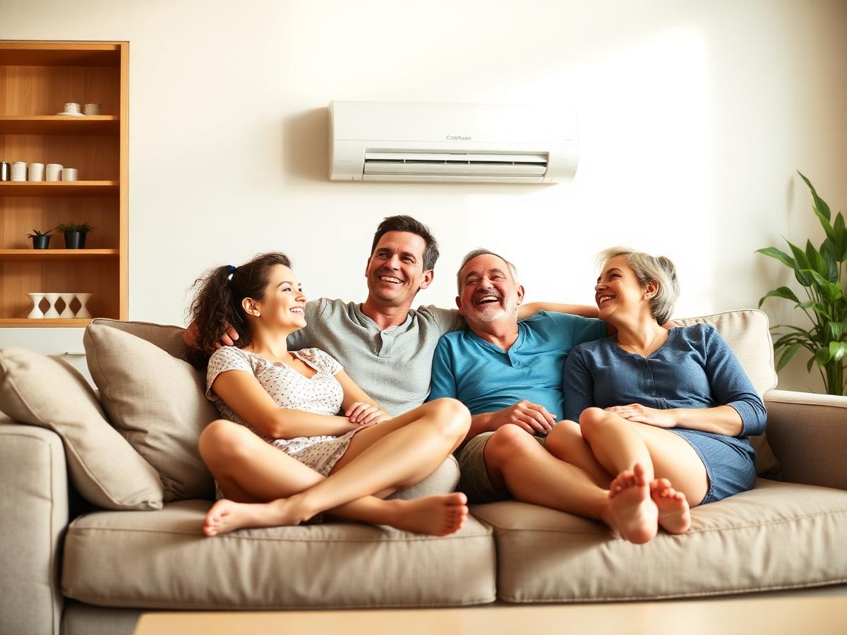 Gezin ontspant in een aangenaam gekoelde woonkamer