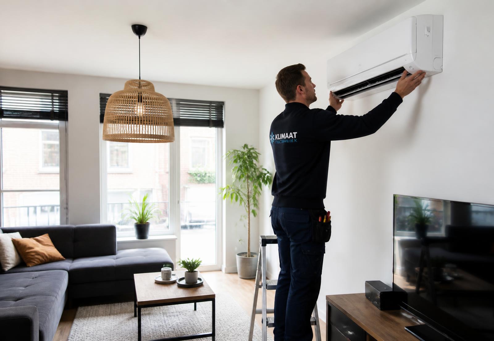 Monteur installeert een wandmodel airco in een lichte woonkamer